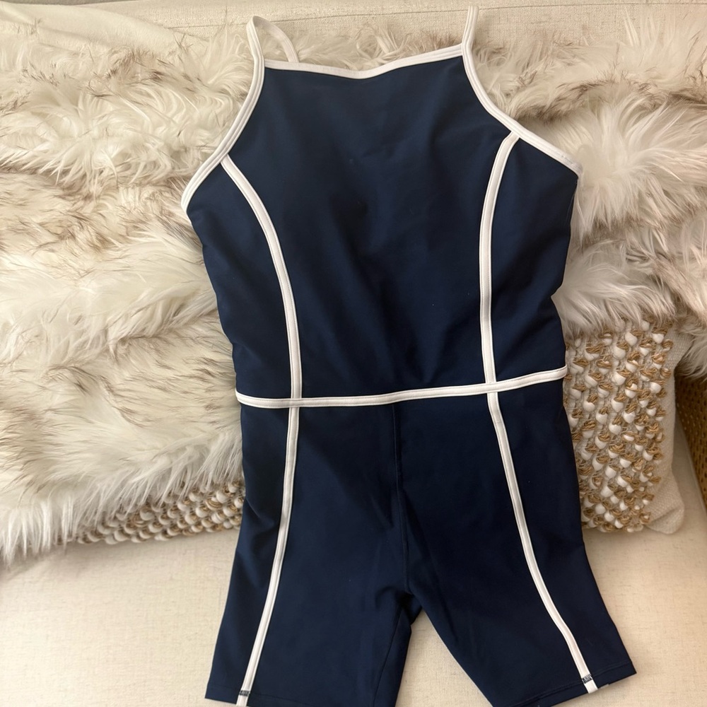 Navy Blue One-Piece Swimsuit with White Trim